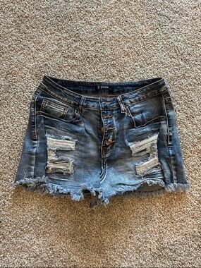 Distressed High-Rise Button-Fly Denim Shorts - Blue